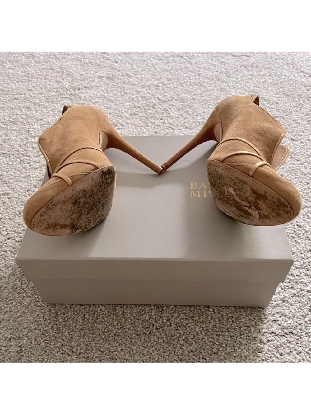 Badgley Mischka Tan Suede Sculpted V-Cut Stiletto Booties - Picture 4 of 6